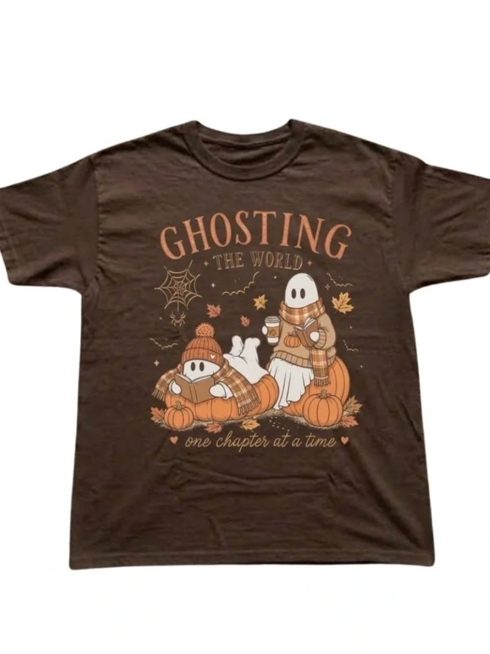 Brown Halloween Tee with Orange & White Ghosts